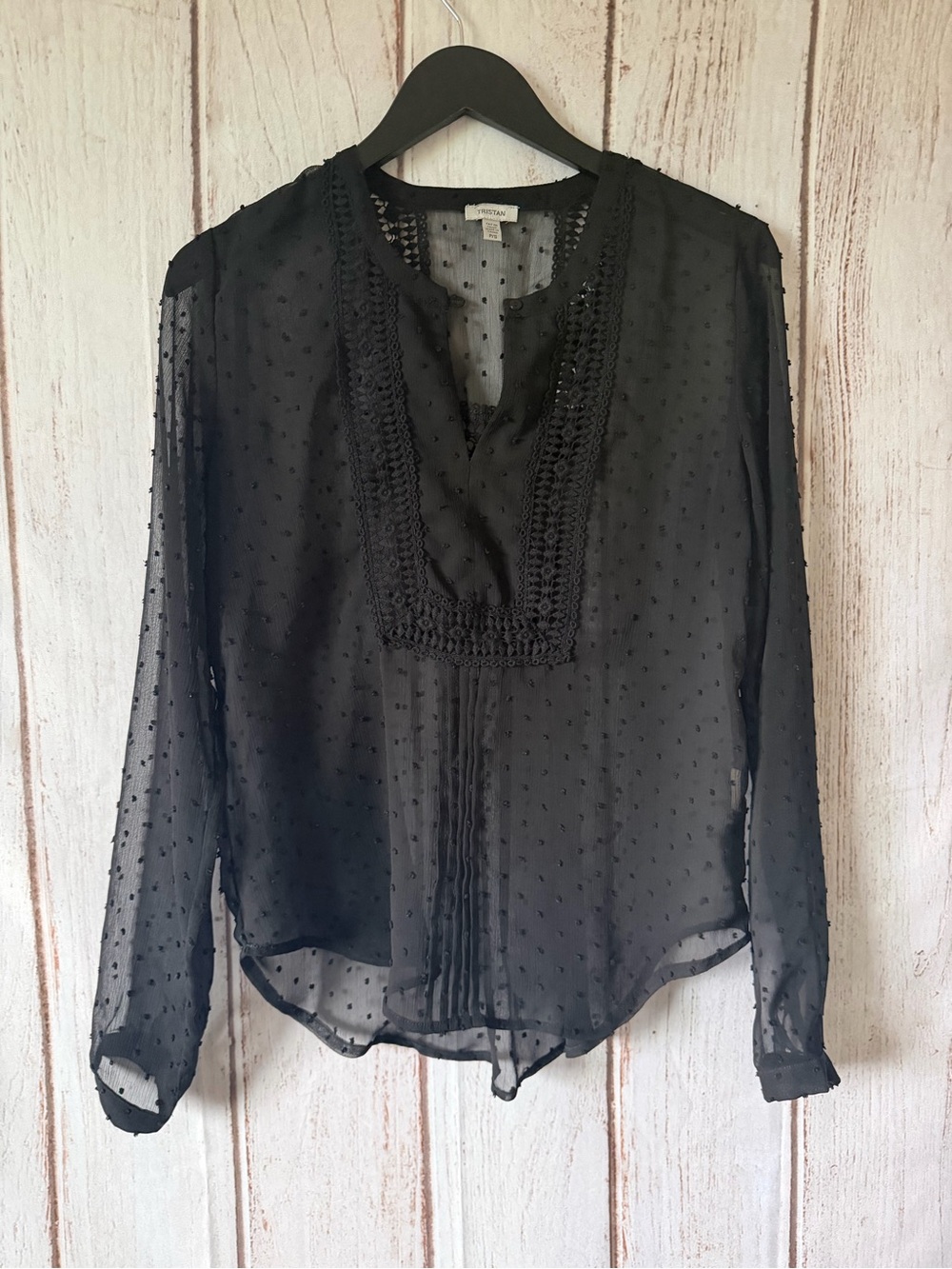 Tristan Black Sheer Swiss Dot Long-Sleeve Women's Top Size S